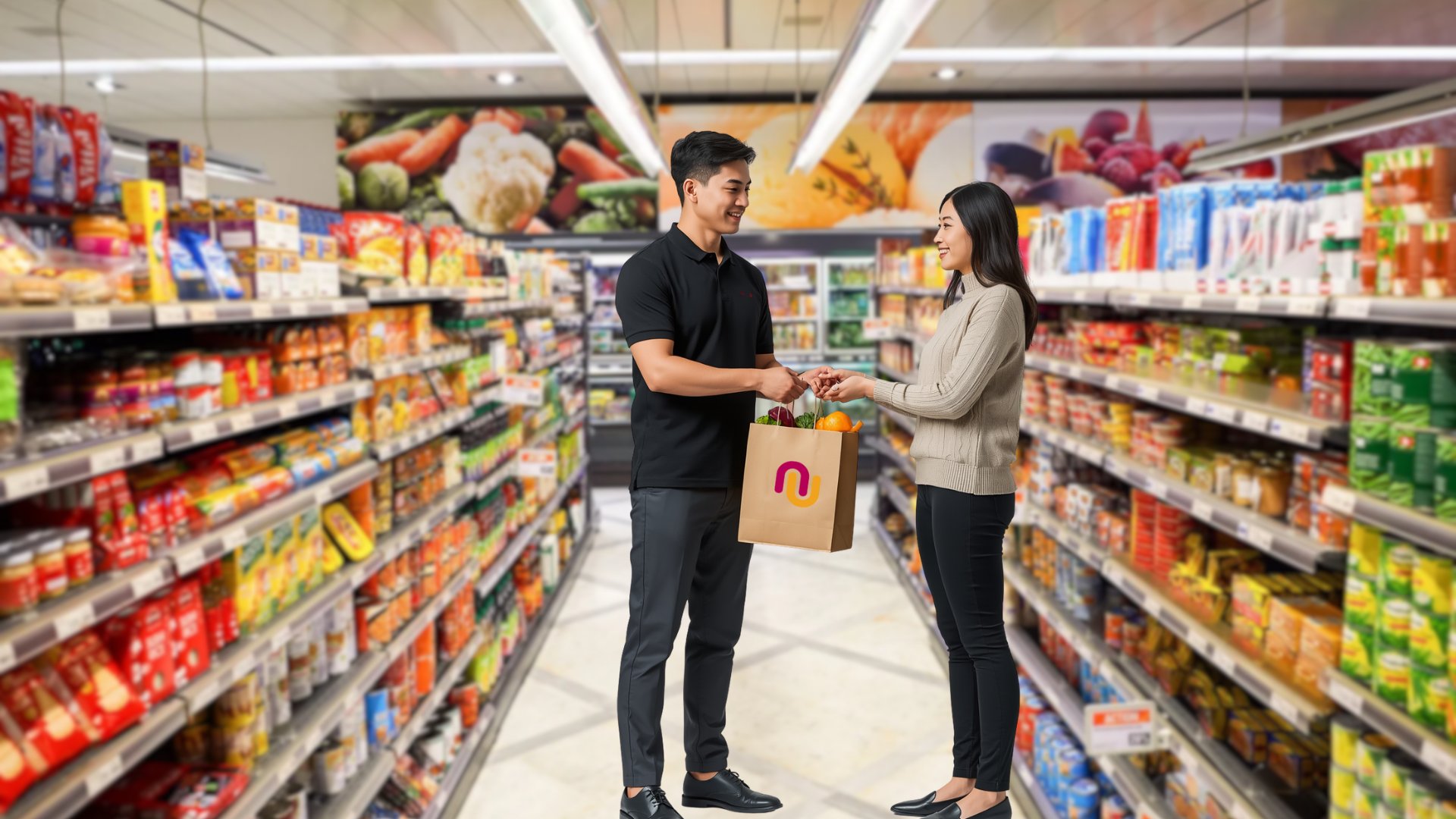 A customer and a NearU merchant exchanging fresh groceries