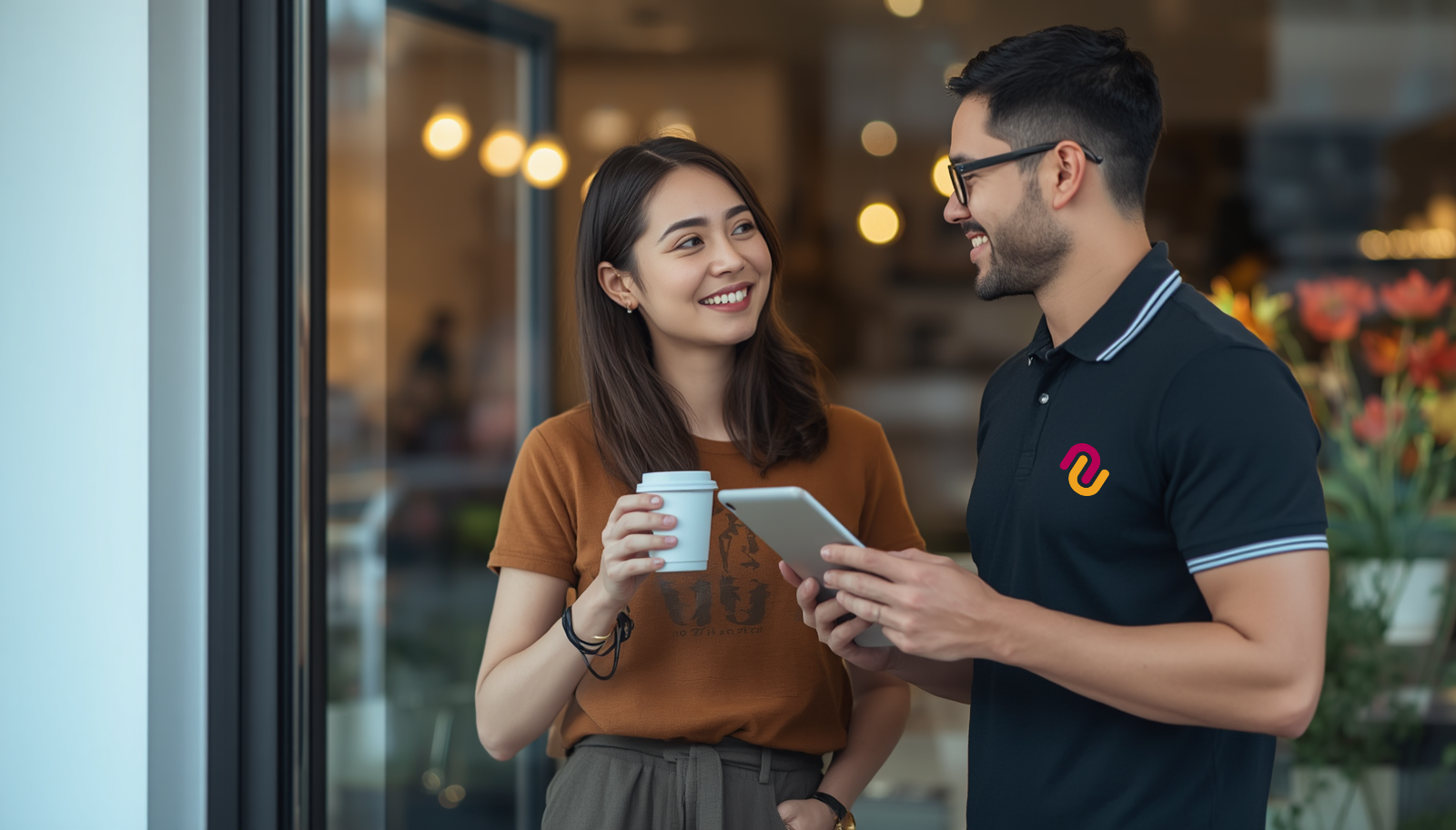 A NearU team member speaking with a neighbourhood florist