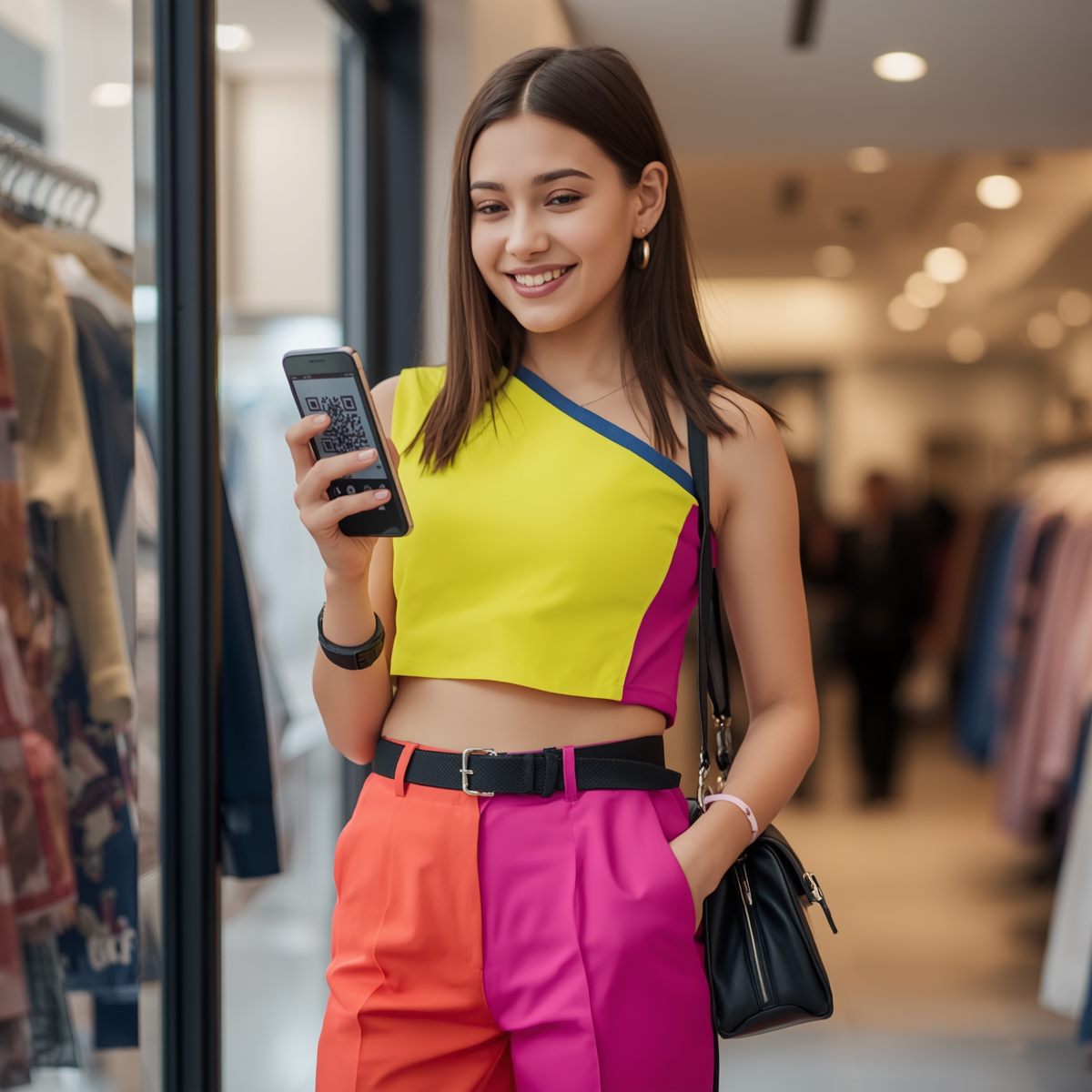 Shopper holding a phone with a QR code
