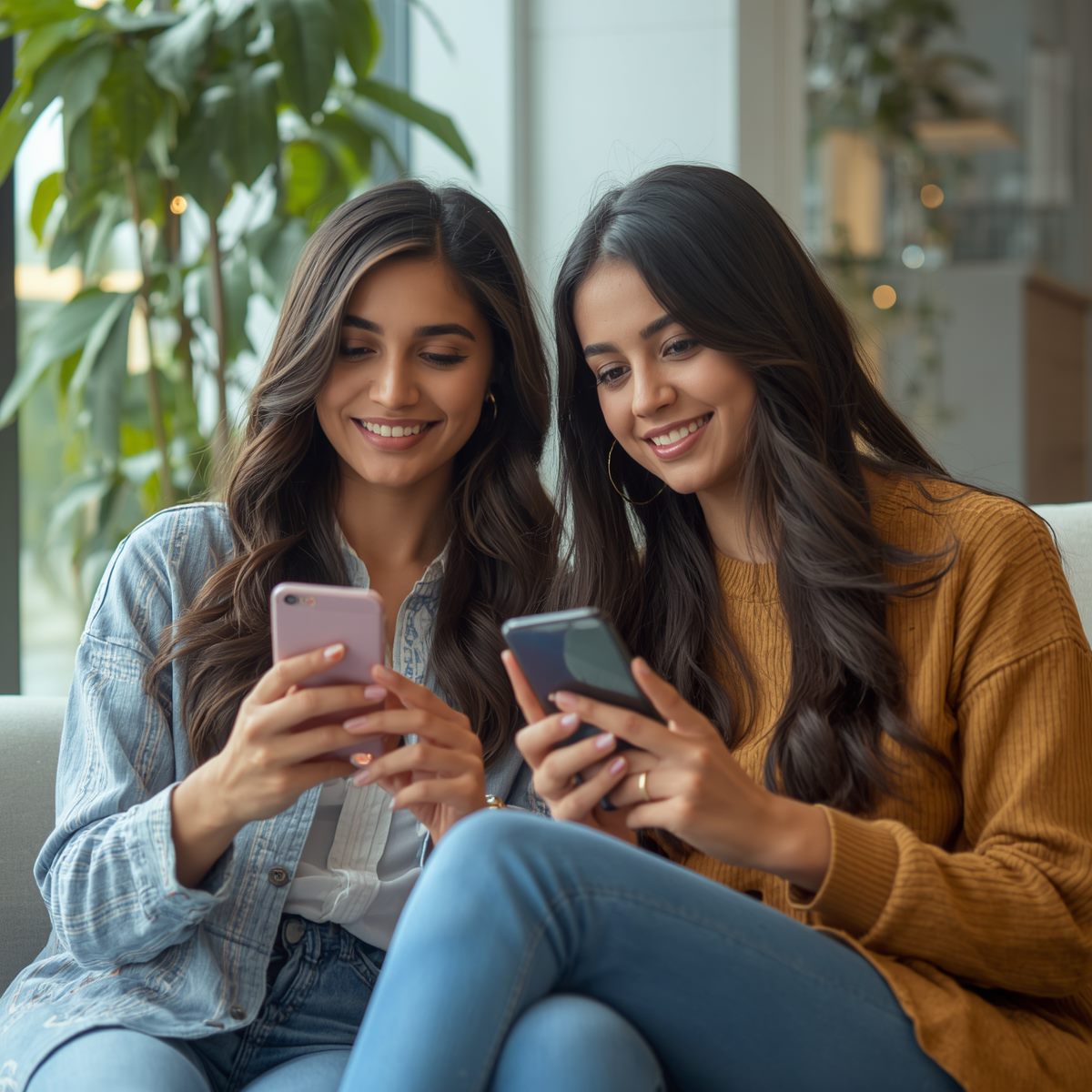 Friends sharing a shopping experience on smartphones