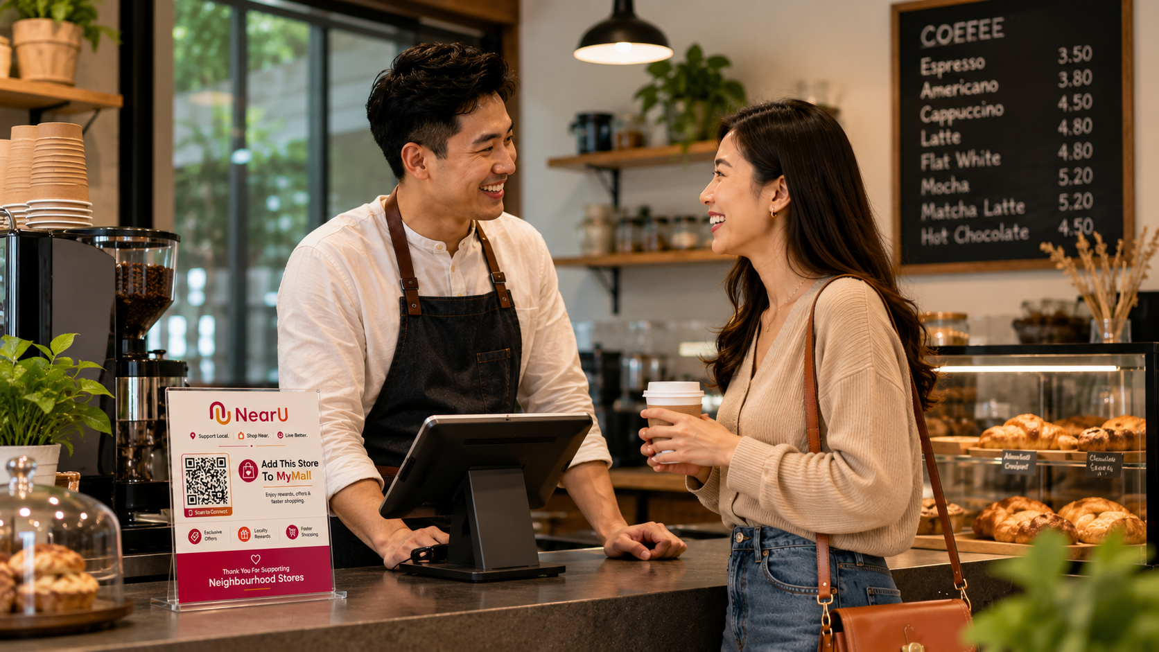 Cafe merchant serving a neighbourhood customer