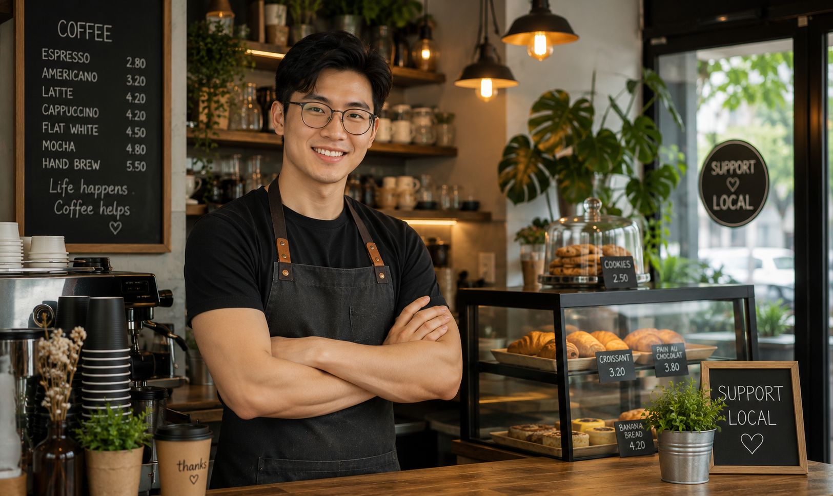 Cafe owner standing in a local coffee shop