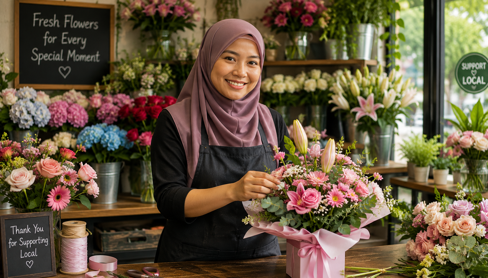 Florist preparing flowers in a neighbourhood shop