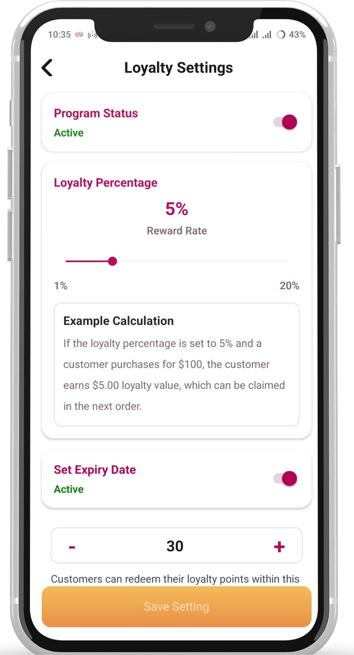 Loyalty settings screen
