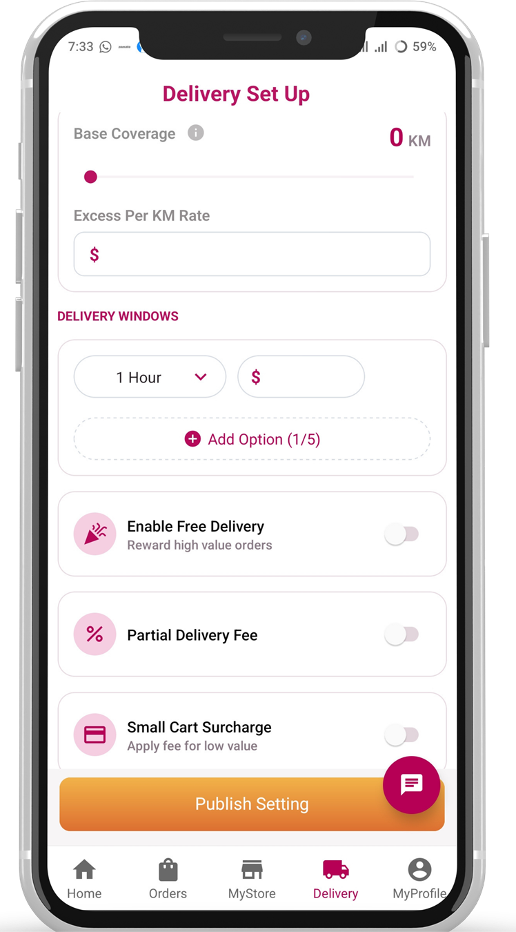 Delivery setup screen